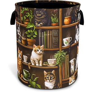 Cute Cat Laundry Basket Bookshelf Animal Oxford Cloth Laundry Hamper Funny With Handle Foldable Portable Clothes Storage Basket 18.9 X 16.5 In Storage Bag For Laundry Room/Bathroom/Bedroom/Dormitories