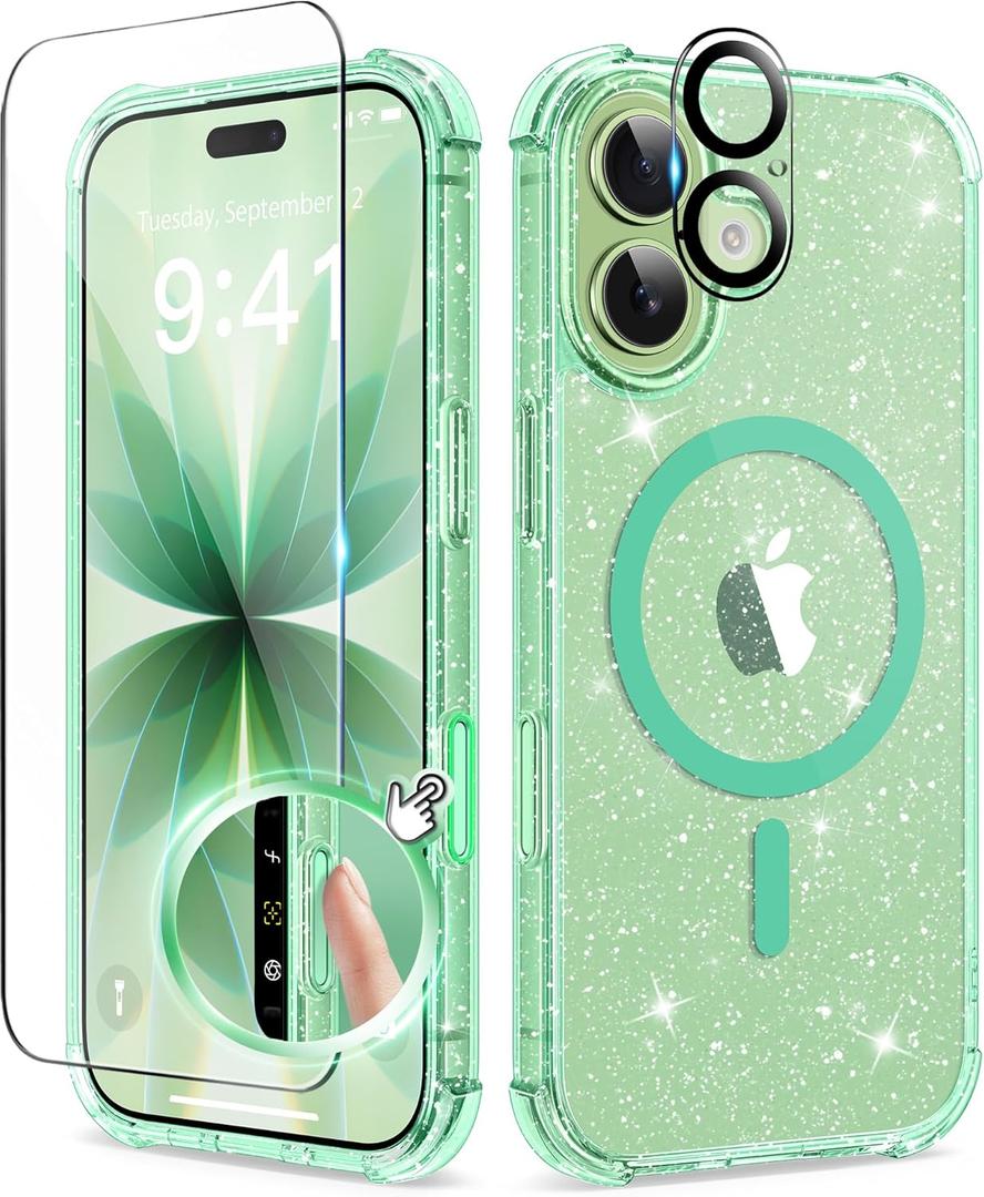 BERFY for iPhone 17 Case for Women, Clear Glitter Shockproof Protective Case, Anti-Yellowing, with Screen Protector & Camera Lens Protector 6.3", Magnetic Sparkle Green