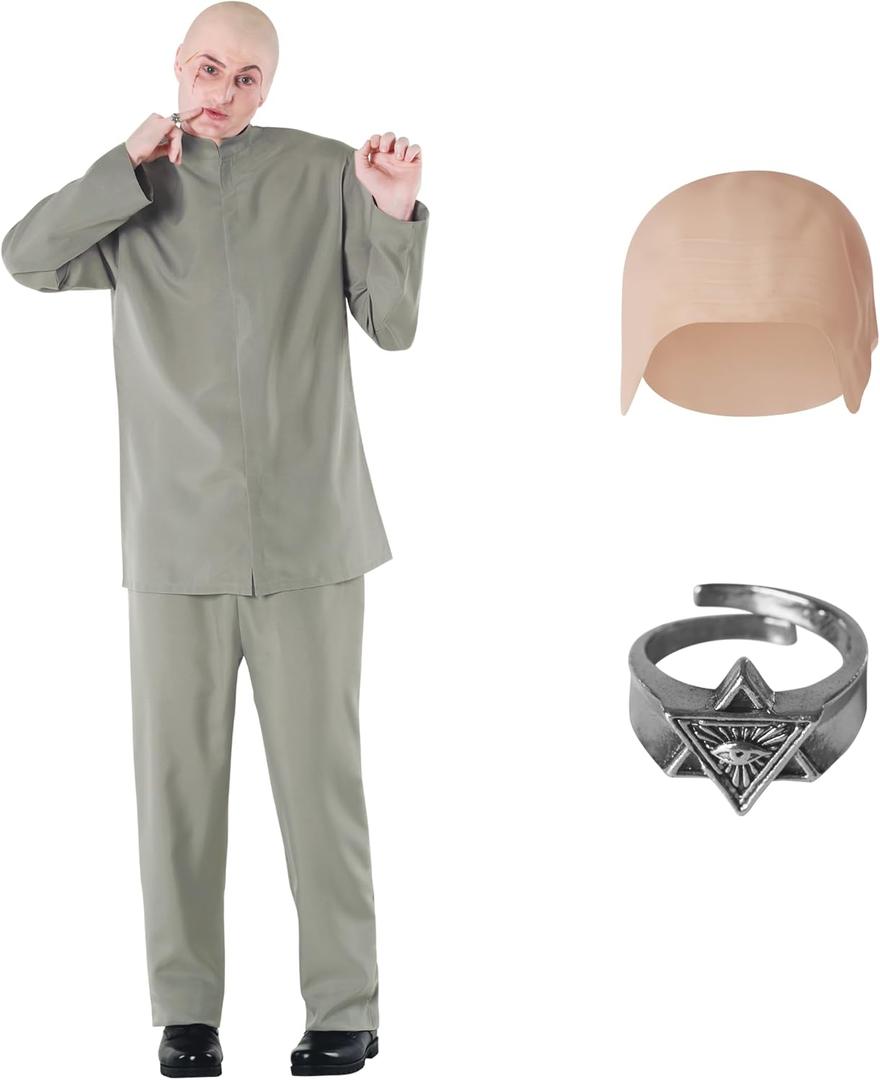 Morph Grey Villain Costume With Baldcap, 60s Costume Men, Funny Halloween Costumes For Men (XX-Large)