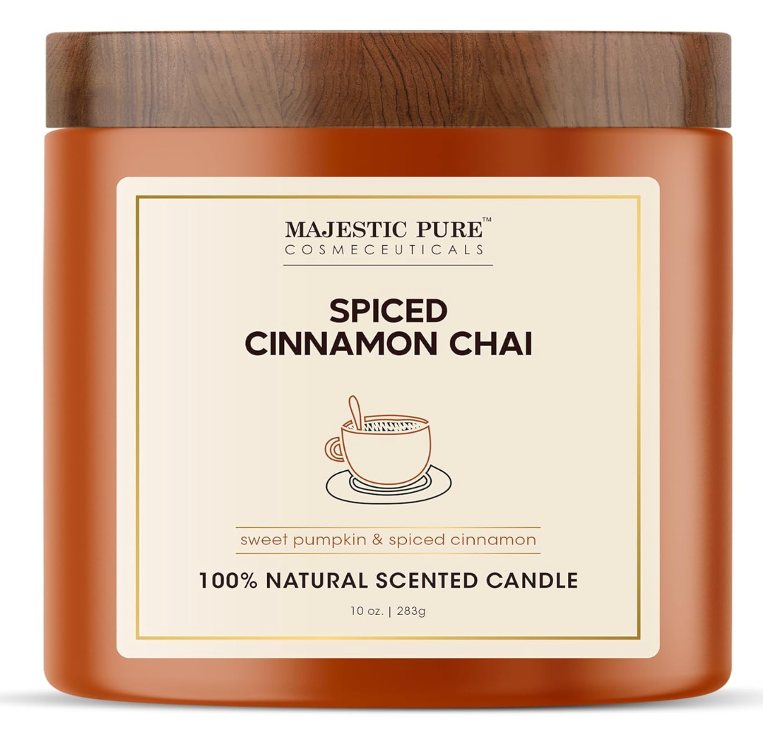 Majestic Pure Pumpkin Cinnamon Scented Candle with Upto 45+ Hrs Burn Time, 2-Wick Candle, Soy Wax Blend for Cleaner Consistent Burn, 10 oz Jar Candle with Room Filling Fragrance, Spiced Chai
