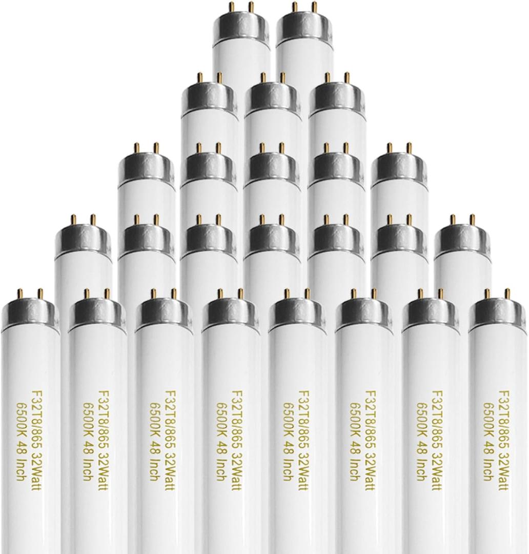 Konideke 25 Pack T8 Fluorescent Bulbs 4 Foot, F32T8/865 Fluorescent Light Bulb 48 Inch 32 Watt 6500K Daylight 2500 Lumens G13 Base