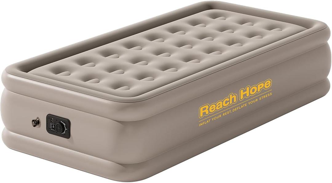 Twin Air Mattress with Built-in Pump - 18" Height Self-Inflating Blow Up Bed for Guests, Camping & Home Use, Waterproof Inflatable Mattress with Carry Bag - Portable Single Airbed (18" Khaki)