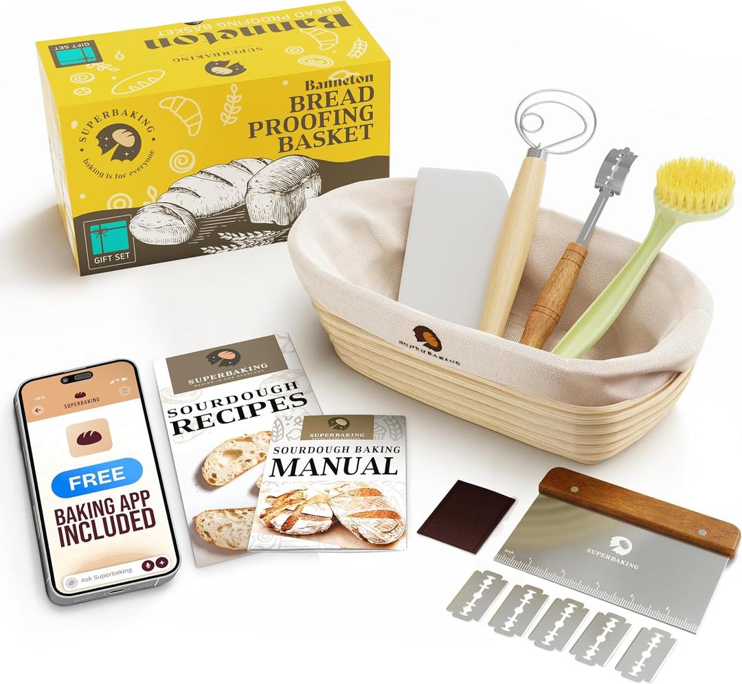 Superbaking 10" Oval Banneton Bread Proofing Basket Gift Set  Sourdough Starter Kit for Crusty Artisan Style Loaves, Includes Essential Bread Baking Supplies & Tools - Ideal Gift for Bakers