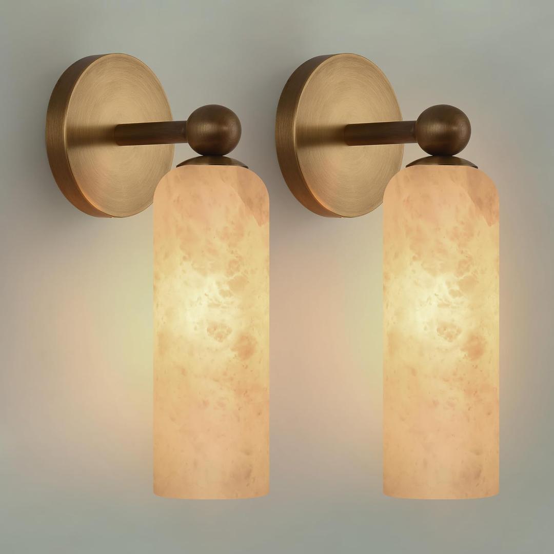 Alabaster Wall Sconce with Solid Brass, 12.4 Inches, Set of 2, 12.4 Inches-2 Pack
