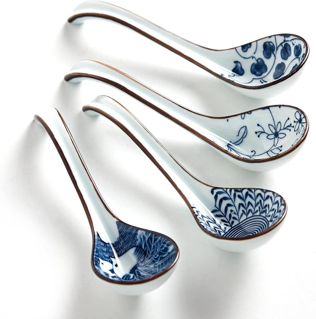 Ceramic Asian Soup Spoons, Easy to Hold, Long Handle Perfect Depth Spoon Set for Japanese Ramen Noodles, Chinese Dumpling, Pho, Miso, Wonton, Dishwasher Safe -Set of 4 - Blue