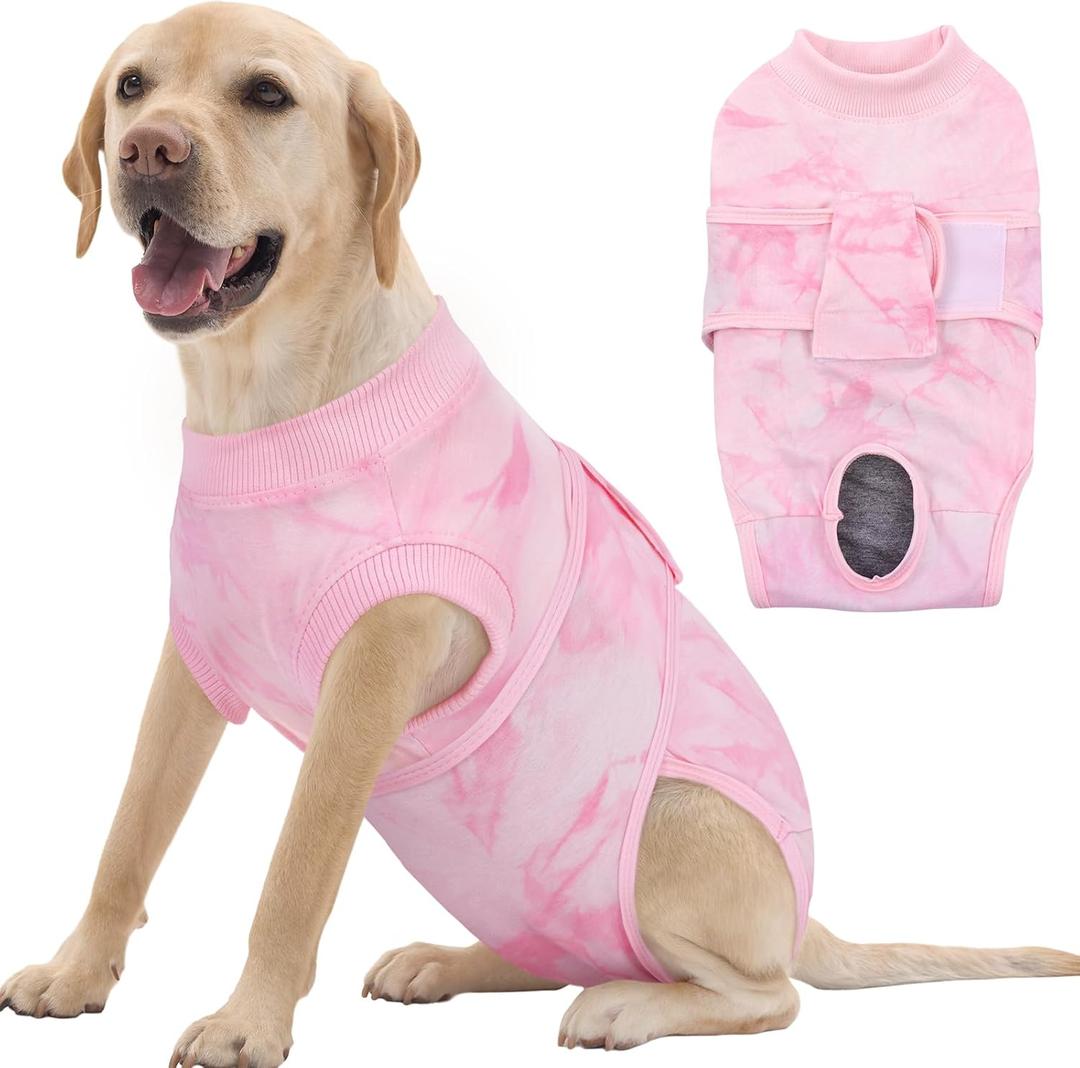 FUAMEY Recovery Suit for Dogs After Surgery,Soft Breathable Dog Bodysuit E-Collar & Cone Alternative Surgical Suit,Male Female Dog Neuter Spay Suits Anti Licking Wounds Onesie Pink Tie Dye XXL (XXL(Back:24.8-29.5in,WT:75+lbs))