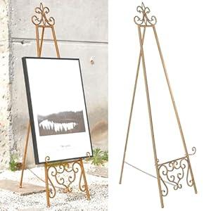 18.25"L x 25.5"W x 55"H Metal Scroll Extra Large Free Standing Adjustable Display Stand Easel with Chain Support, Heavy Duty Easel for Sign, Wedding, Picture Frame, Mirror, Gold (No Assembly Required)