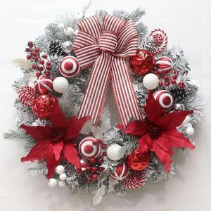 Classic Red and White Christmas Wreath, 24 Inch Holiday Door Decor with Pine Cones, Poinsettias, Ornaments, Striped Bow, Frosted Berries (Red and White)