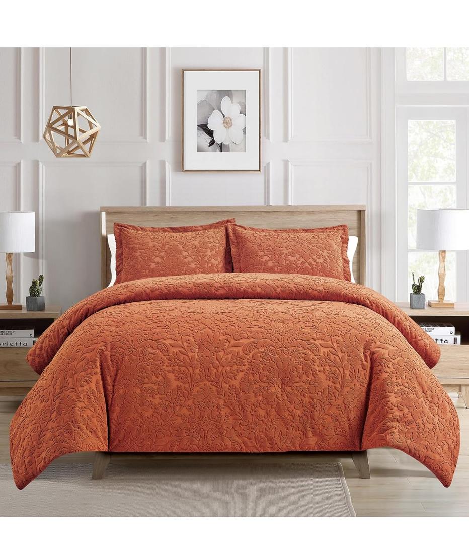 Sunshine Nicole Velvet Jacquard Comforter Set, Velvet Jacquard Face and Brushed Solid Microfiber Reverse, with Light Weight Soft Poly Fill, 3 Pieces Terracotta, Queen
