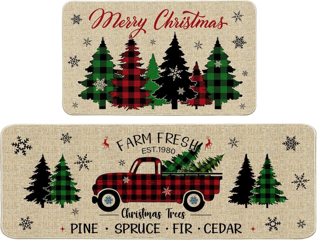Hexagram Christmas Kitchen Decor, Christmas Kitchen Rugs Set of 2, Xmas Truck Mats for Floor Decorations 17x29 and 17x47 Inch