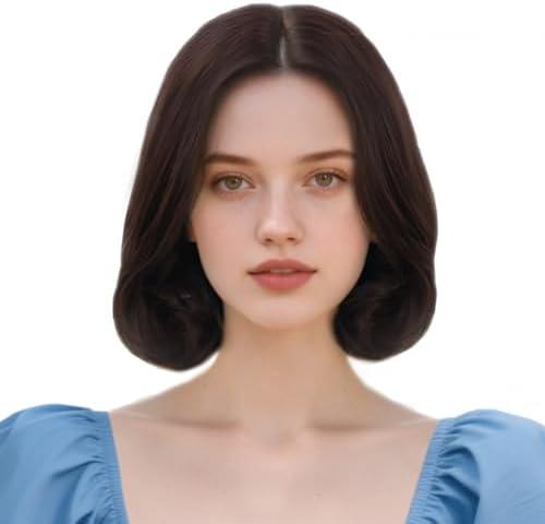 ANOGOL Hair Cap+ Short Brown Curly Wig with Middle Part for Women Princess Cosplay Wig Synthetic Hair Costume for Halloween Party