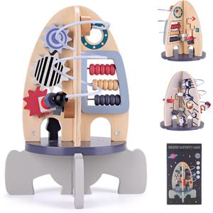 Wdmiya Space Wooden Activity Cube Toys for Baby, Montessoritoys for 1 Year Old Boy & Girl Birthday Gifts, Sensory and Educational 1st Birthday Gifts, Busy Board Toys for Baby Boy 6-18 Months (Rocket)