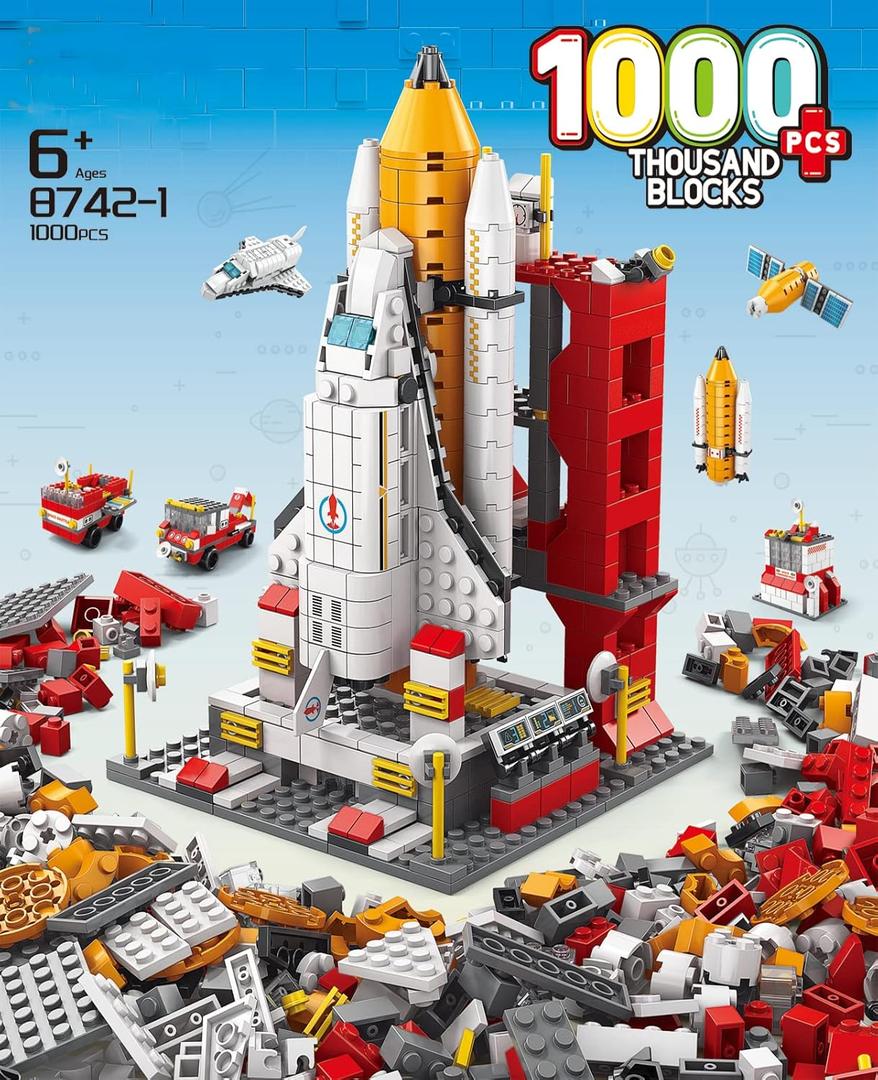 1000Pcs Space Exploration Shuttle Toys with Launch Control Center, 6-in-1 STEM Aerospace Building Kit Toy with Heavy Transport Rocket and Launcher Best Gifts for 6-12 Year Old Boys