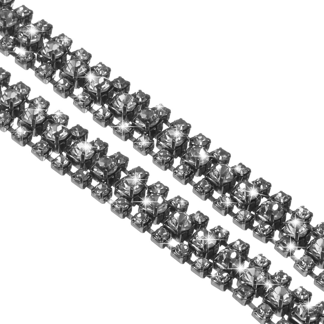 uxcell 1 Yard 3 Rows Crystal Rhinestone Close Chain Trim, Crystal Rhinestone Diamond Strips Rhinestone Bling Sewing Embellishments (9mm, Black Rhinestone with Grey Base)