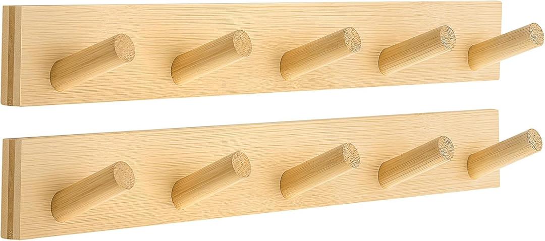 Coat Rack Wall Mount, Wooden Coat Hanger with 5 Hooks, Heavy Duty, Natural, 2 Pcs