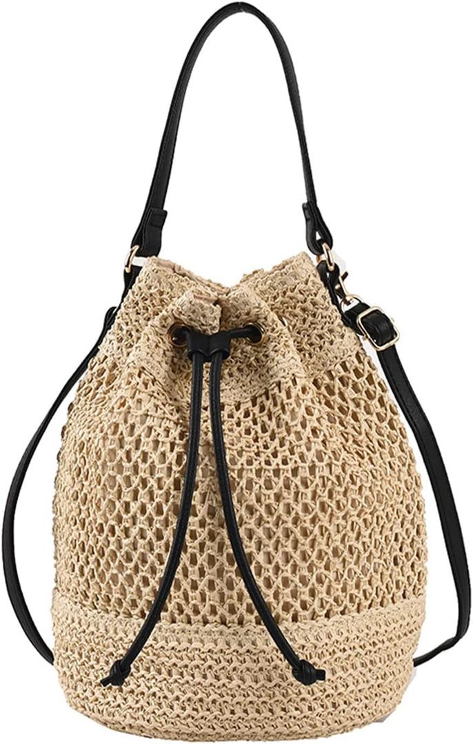 Straw Bucket Bag Summer Woven Crossbody Bags for Women Hobo Drawstring Purse Vacation Handbags Straw Beach Bag (Beige)