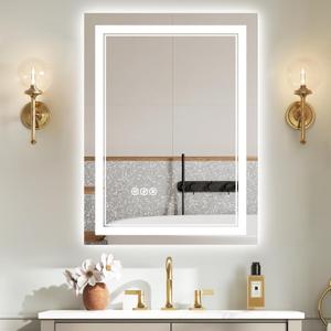 24x32 Inch Led Bathroom Mirror with Front and Backlit, Anti-Fog, CRI90+, 3 Colors, Dimmable Vanity Mirror with Lights, Top Tempered Glass, ETL Listed, Wall Mounted (Horizontal/Vertical)