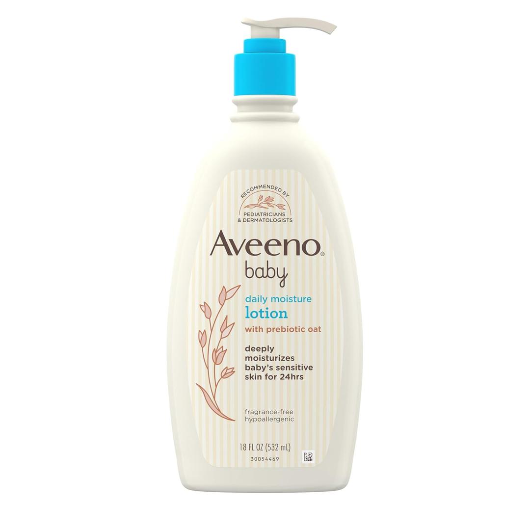 Aveeno Baby Daily Moisture Body Lotion for Sensitive Skin, Hypoallergenic Moisturizing Baby Lotion with Nourishing Oat to Deeply Moisturize Baby's Skin, Fragrance-Free, 18 fl. oz, 1 Pack