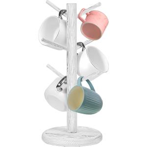 Patelai Coffee Mug Tree 14 Inch Wood Mug Holder Stand with 6 Hooks for Counter, Coffee Bar Accessories and Organizer Station Removable(White)