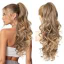 REECHO Ponytail Extension, 24" Claw Clip in Long Curly Wavy Ponytail Hair Extension Jaw Clip on Pony Tails Hairpiece for Women - Dark Brown to Blonde, Medium Blonde with Blonde Highlights