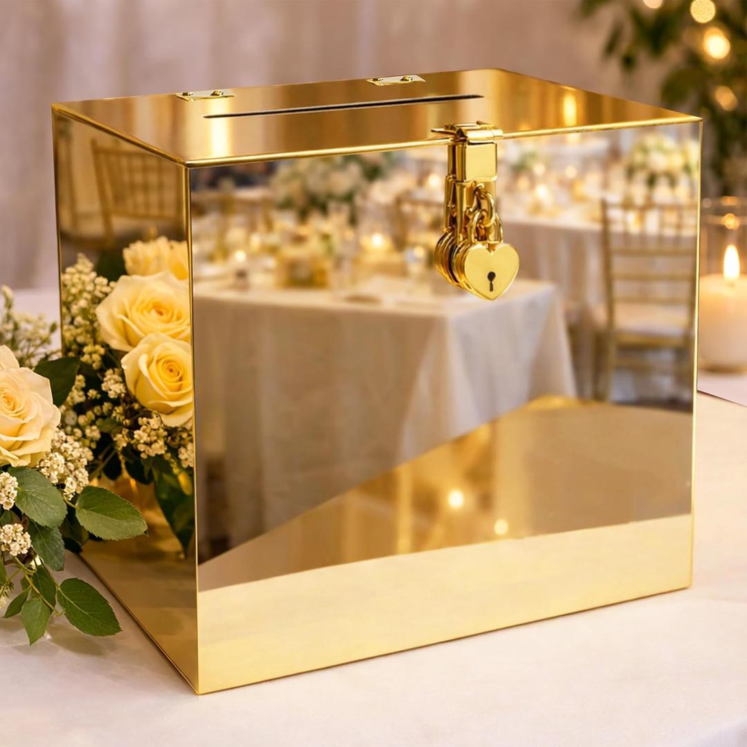Acrylic Gold Mirror Wedding Card Box with Heart Lock, DIY Card Box with Stickers for Parties, Graduations & Special Events, 10x10x5.5 in