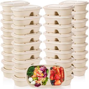 Yesland 50 Pcs Compostable Take Out Food Containers with Lid, 33 oz Bagasse to Go Container 2 Compartment Rectangular Disposable Paper Bowl, Eco-Friendly Meal Prep Food Container for Salad Leftovers