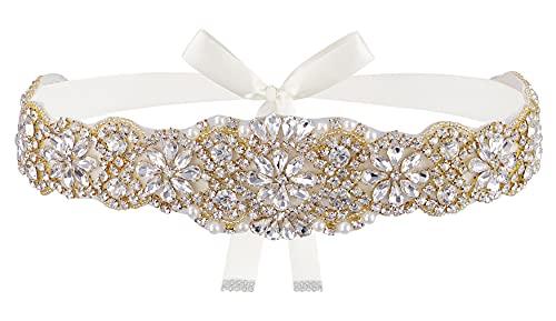 Lovful Womens Rhinestone Bridal Belt, Wedding Belt for Bride Dress,Rhinestone Belts with Ribbon,Gold-ivory