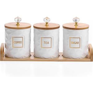 JUXYES Set of 3 Ceramic Canisters Set for Sugar Coffee Tea With Handle Tray, Luxurious Storage Containers Sets with Lids Decorative Storage Pots White Ceramic Storage Jar for Kitchen Dining Counter