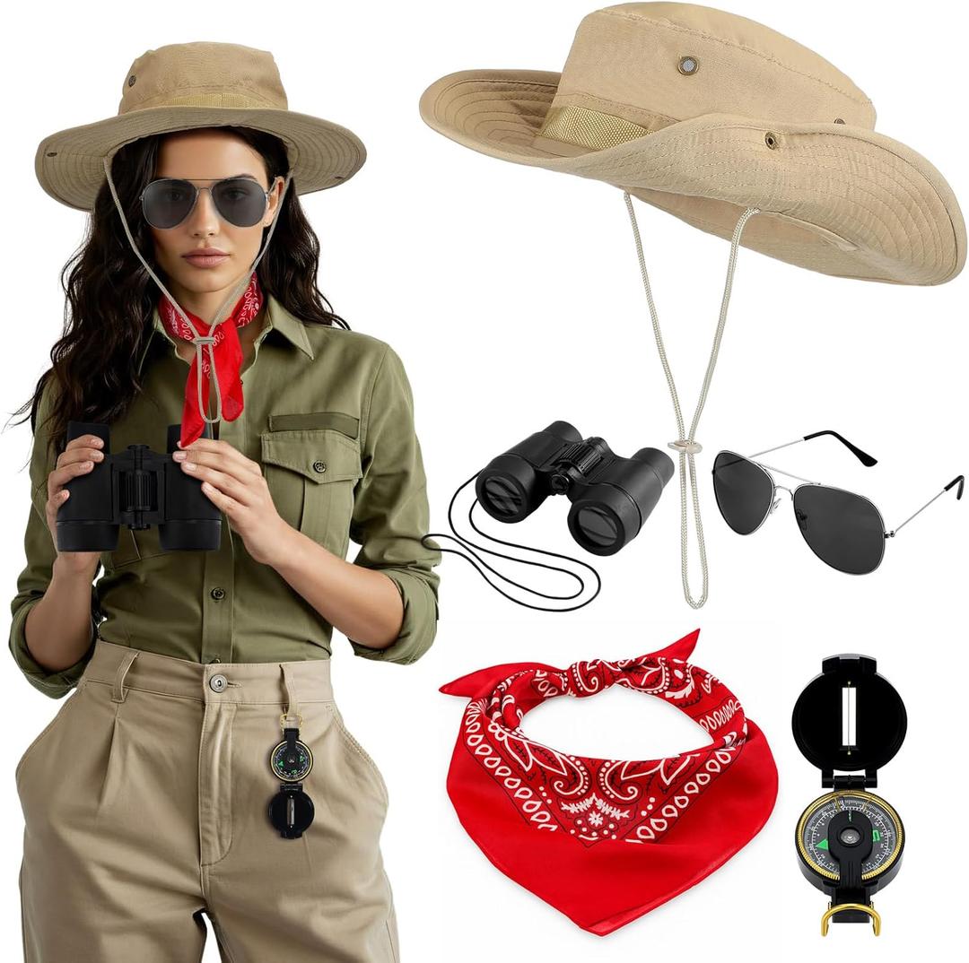 Mepase 5 Pcs Safari Costume for Women Adult Safari Zoo Keeper Explorer Outfit Accessories Include Sun Bucket Hat Binoculars Sunglasses Compass Neck Scarf for Halloween Cosplay