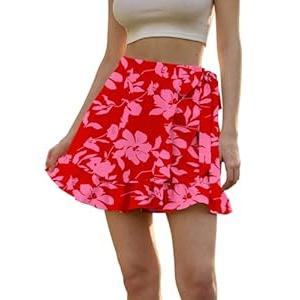 Women's Floral Ruffle Hem Wrap Shorts Casual Summer Elastic Waist Tie Front Zip Up Boho Skirts Skorts 2025 Red  (Medium, Red) Women's Floral Ruffle Hem Wrap Shorts Casual Summer Elastic Waist Tie Front Zip Up Boho Skirts Skorts 2025 Red  (Medium, Red)