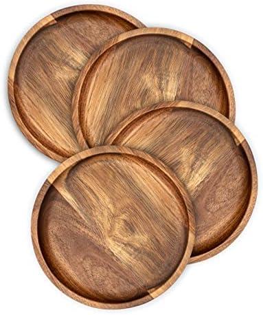 Acacia Wood Round Dinner Plates 6 Inch - Serving Tray & Platters for Home Decor, Food, Vegetables, Fruit, Charcuterie, Appetizer (Set of 4 Wooden Charger)