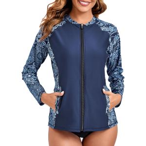 Halcurt Women's Full Zip Long Sleeve Rash Guard Swim Top with Pockets UPF50+ Quick Dry Swimsuit (M)