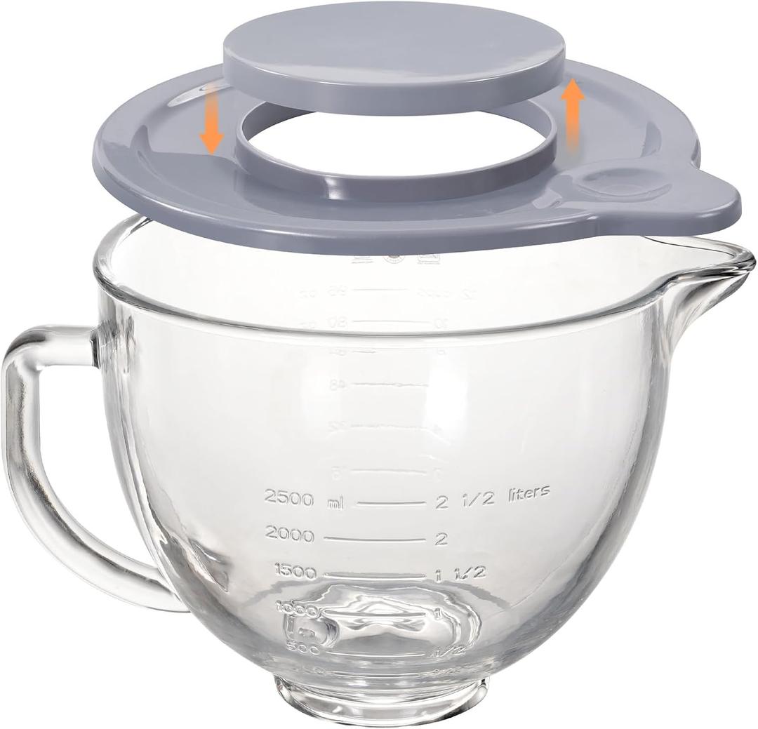 5QT Glass Bowl Compatible with KitchenAid 4.5 and 5-Quart Tilt Stand Mixers,Glass Mixing Bowl with Lid, Measurement Markers and Handle