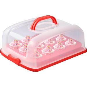 FEOOWV 2in1 Cupcake Carrier and Cake Keeper with Lid, Rectangle Pie Carrier,Large Portable Storage Container for Storing 12 Cupcakes or 1 Large Cake (Red)