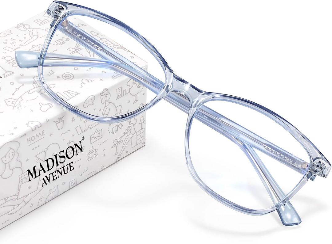 Madison Avenue Blue Light Blocking Glasses Anti Eyestrain UV Glare Blue Light Glasses for Women TV Phone Computer Gaming Eyeglasses (Clear Blue)