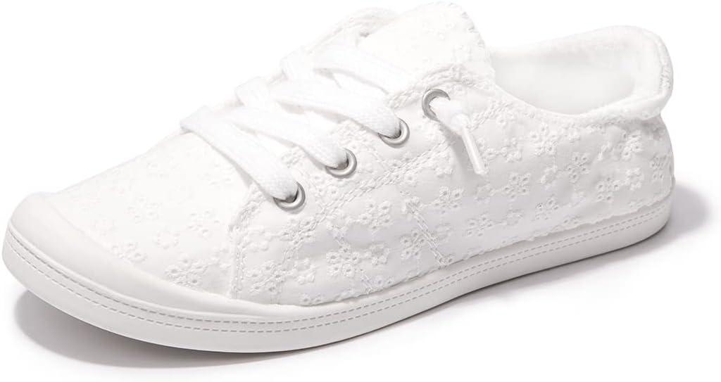 Women's Slip On Canvas Sneaker Low Top Casual Walking Shoes Classic Comfort Flat Fashion Sneakers (8, White Dot)