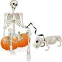 NEROSUN 5.4FT Halloween Skeletons Decoration, Posable Life Full Size Skeleton with Dog Skeleton, Realistic Plastic Human Bones for Halloween Props Haunted House Graveyard Party Decor