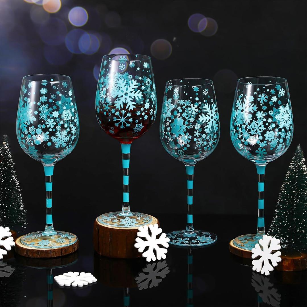 4 Pcs Snowflakes Winter Party Stemmed Wine Glasses Hand Painted Drinking Cup Wine Glasses Gifts for Birthday Theme Holiday Party Supplies