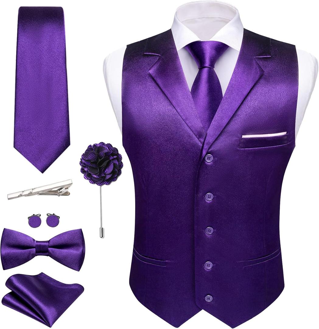 Barry.Wang Mens Formal Suit Vest Tie Bowtie Set 8PC Lapel Collar Casual Slim Fit Waistcoat Wedding Party Tuxedo (Large, Dark Purple)