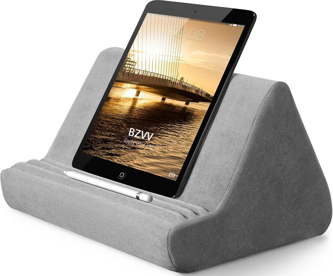 BZVV Soft Tablet Stand Pillow with Pocket,Adjustable 3 Viewing Angle,Lazy Holder for Bed Sofa,Compatible with iPads Tablets eReaders Smartphones Books Magazines (Dark Gray)