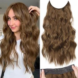 KooKaStyle Invisible Wire Hair Extensions with Transparent Wire Headband Adjustable Size 4 Secure Clips Long Wavy Hairpiece 20 Inch for Women