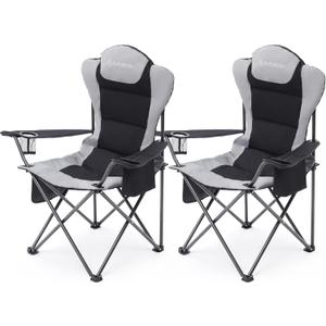2 Pack Camp Chairs for Heavy People, Outdoor Folding Camping Chairs with Cup Holder & Cooler Bag for Outside Supports up to 300lbs (2 Pcs, Black)