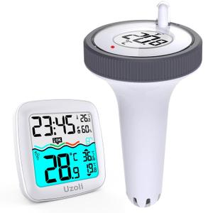 Uzoli Pool Thermometer Floating Easy Read, Wireless Swimming Pool Thermometer with Indoor Humidity Temperature Monitor, Waterproof Digital Sensor for Fish Tank, Hot Tub, Spa