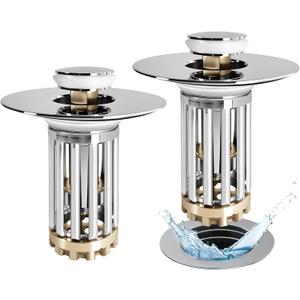 Bathroom Sink Drain Strainer, 2PCS 3 in 1 Pop Up Bathroom Sink Stopper with Removable Brass Basket Hair Catcher, Universal Sink Plug for 1.06 to 1.6in Drain Hole, Chrome Silver