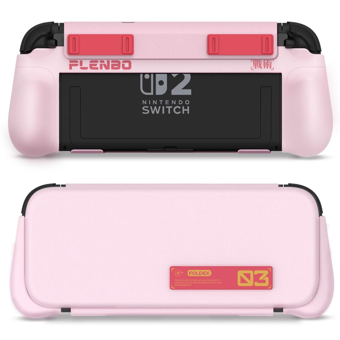 Plenbo FoldeX Grip Case with Detachable Flip Cover for Nintendo Switch 2, Dockable Ergonomic Handheld Protective Shell, 3-Mode Compatible Joy-Con 2 Controller Grip- Pastel Pink