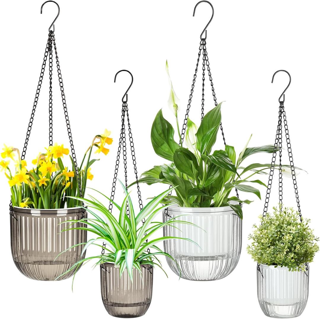 Maxcheck 4 Pcs Self Watering Hanging Planters Indoor Gift 6.5'' 4.5'' Hanging Flower Pots Baskets Outdoor Self Watering Plant with 3hooks Drainage Holes for Home (Grey,clear)