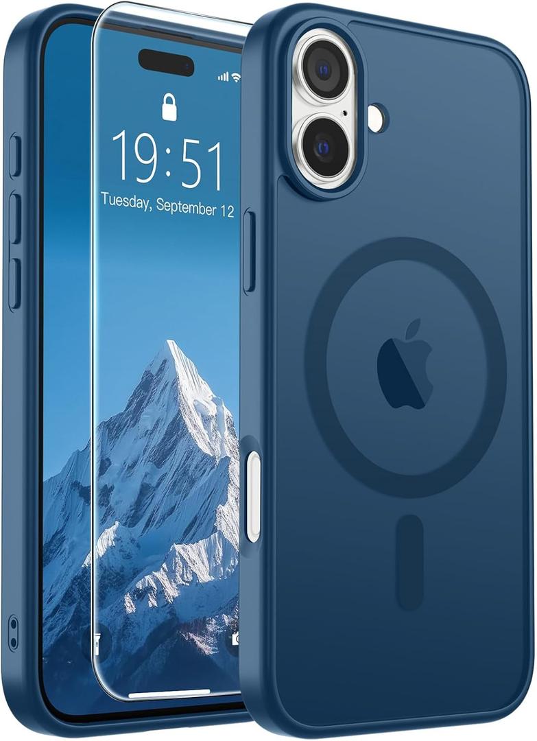SUPFINE Magnetic for iPhone 16 Case with Screen Protector (Compatible with MagSafe) (Military Grade Drop Protection) Translucent Matte Shockproof with Anti-Fingerprint Phone Case,Deep Blue