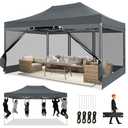 COBIZI 10x15 Heavy Duty Pop Up Canopy with 4 Sidewalls, Easy Set Up Outdoor Commercial Canopy with Mosquito Netting Waterproof Instant Screen Tent for Backyard, Patio, Garden, Gray
