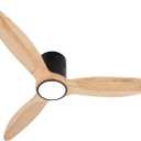Wood Flush Mount Ceiling Fan with Light,52 inch Low Profile Modern Ceiling Fans for Outdoor/Patios/Bedroom/Office,3 color light,6 Speed,DC Motor,Wood and Modern Matte Black