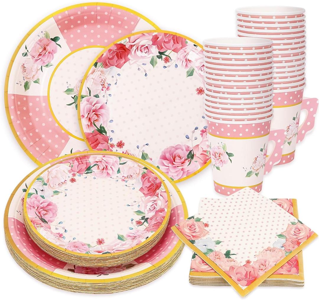 JarThenaAMCS Spring Mother's Day Floral Tea Party Supplies Serve 24 Pink Flower Disposable Paper 7 & 9 Inch Plates Napkins 9oz Teacup with Handle Total 120 Pcs for Wedding Bridal Shower Dinnerware